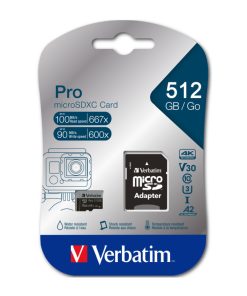 Verbatim memorijska kartica PRO Micro SDXC 512GB, U3, A2, V30, Class 10 Card + adapter
