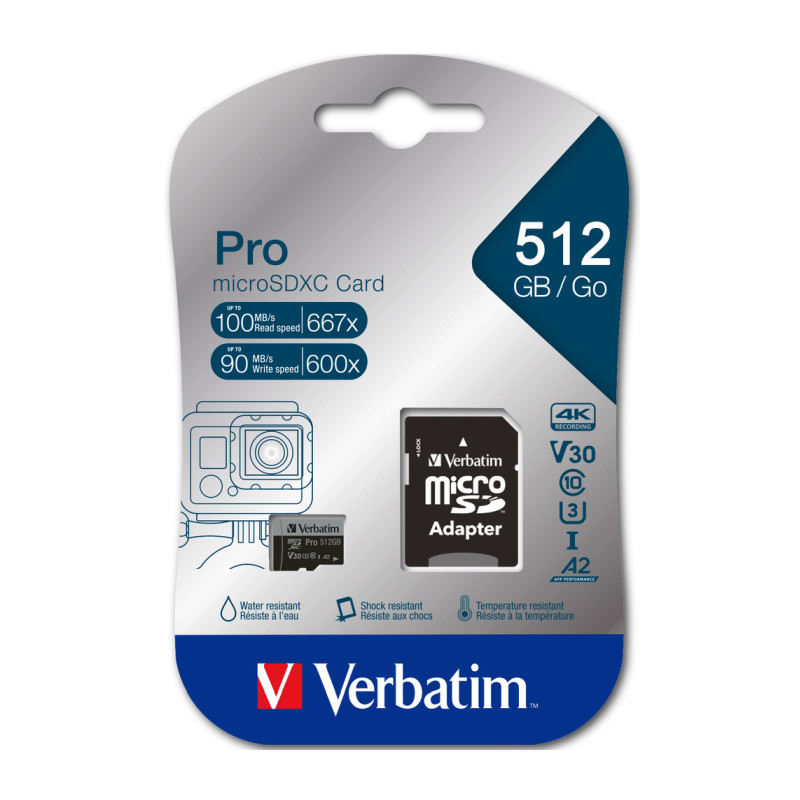 Verbatim memorijska kartica PRO Micro SDXC 512GB, U3, A2, V30, Class 10 Card + adapter
