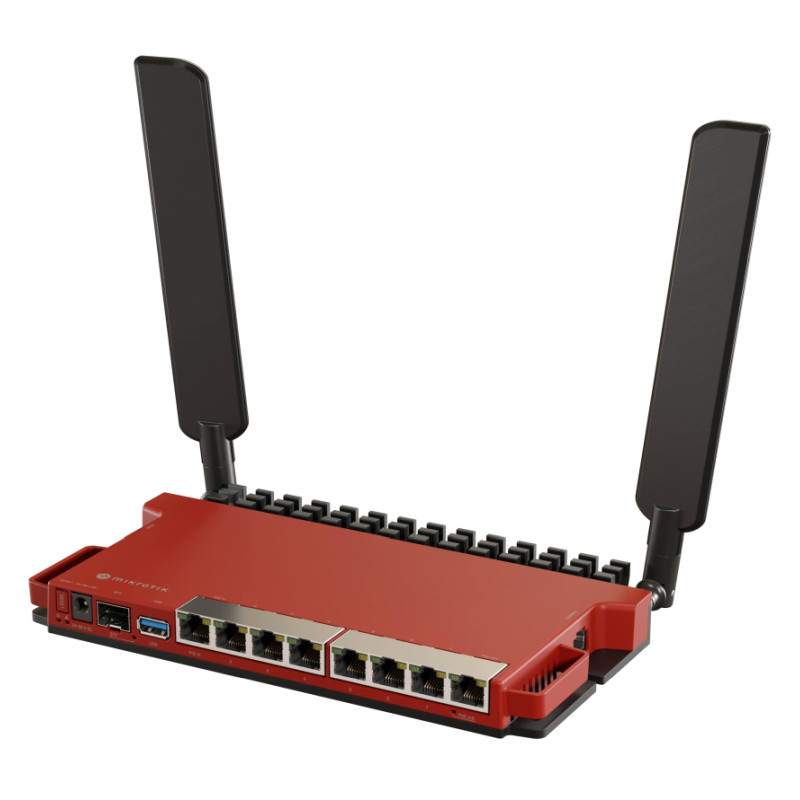 Mikrotik L009UiGS-2HaxD-IN, 800MHz CPU, 512MB RAM, 8×G-LAN, 1×2.5G SFP, 2.4 GHz 802.11b/g/n/ax dual-chain, 4dBi 2.4GHz eksterne antene, USB, desktop kućište, PSU, RouterOS L5