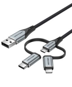Vention USB 2.0 A Male to 3-in-1 Micro-B USB-C Lightning Male Cable 1,5m, Gray