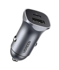 UGREEN auto punjač 30W, USB-C+USB-A, PD3.0/QC3.0, sivi