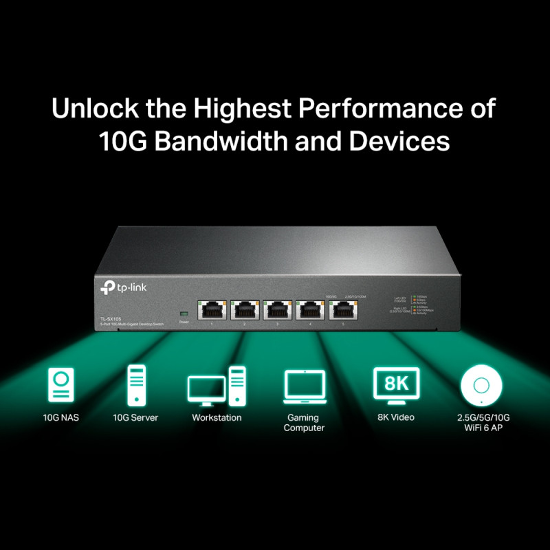 TP-Link 5-Port Multi-gigabit 10G preklopnik (Switch), 5×10G, desktop kućište