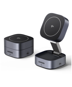 UGREEN 2in1 punjač, 15W, bežični, Qi2, za iPhone, AirPods Pro, sivi