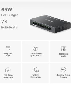 Mercusys 8-Port Gigabit Desktop preklopnik (Switch) 7× Gigabit PoE+, 1× Gigabit Non-Po, Plug & Play, metalno kućište