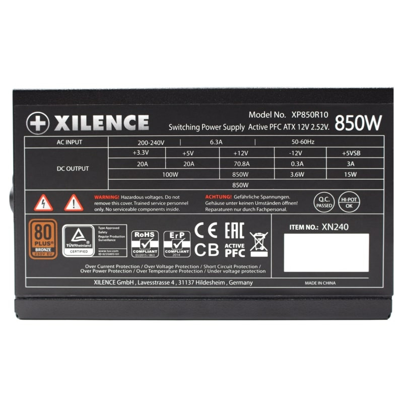 Xilence 850W Gaming, ATX 2.52 80+ BRONZE, aktivan PFC, 2×PCIe, 8×SATA, 20+4-pina, 120mm ventilator, crno