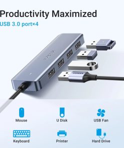 UGREEN 4-portni USB-C HUB 4xUSB-A 3.0 + USB-C power port, sivi