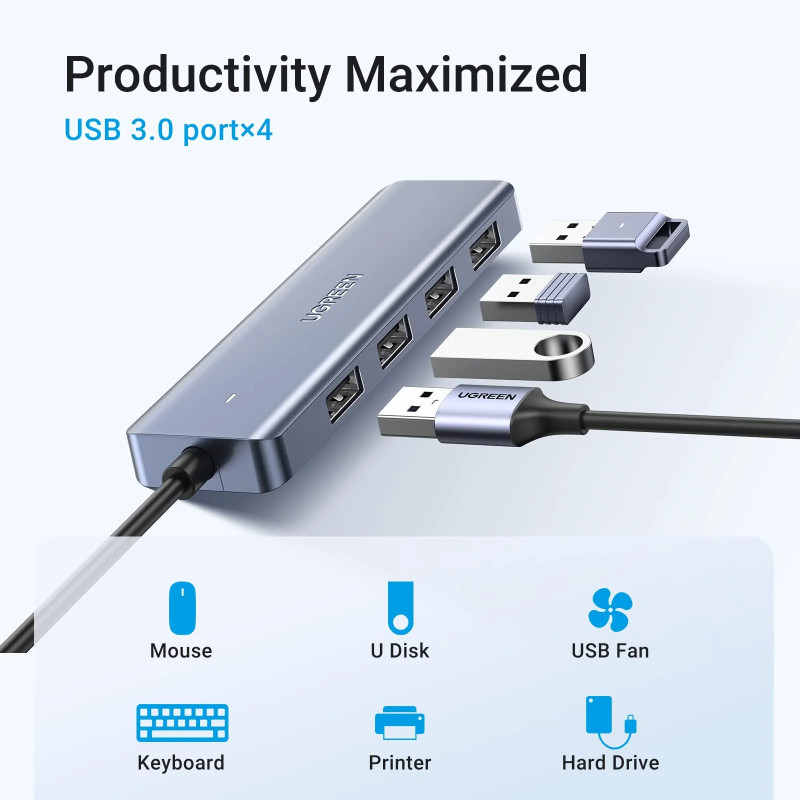UGREEN 4-portni USB-C HUB 4xUSB-A 3.0 + USB-C power port, sivi