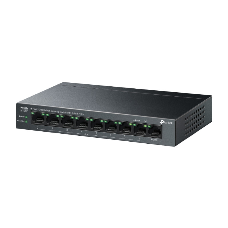 TP-Link 9-port Desktop preklopnik (Switch),9×10/100M RJ45 ports, 63W PoE, 8x port PoE+, do 250m PoE prijenos, Plug&play, metalno kućište