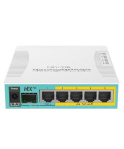 Mikrotik RB960PGS, hEX PoE, 800MHz CPU, 128MB RAM, 5×Gigabit LAN, (4×PoE izlaz), SFP, USB, RouterOS L4, plastično kućište, PSU