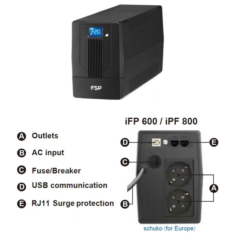 Fortron Source UPS iFP 600VA/360W, Line-interactive, 2×Schuko, RJ11, USB, 1×7Ah