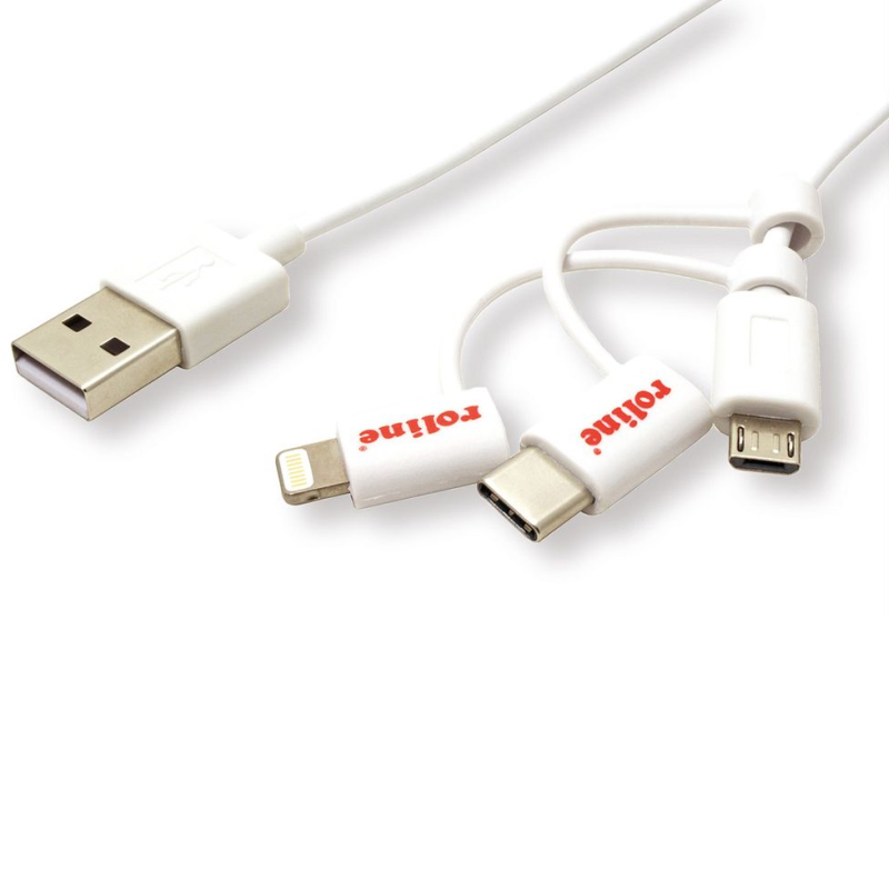 Roline USB2.0 kabel za punjenje i prijenos podataka, 8pin + MicroB + Type-C, bijeli, 1.0m