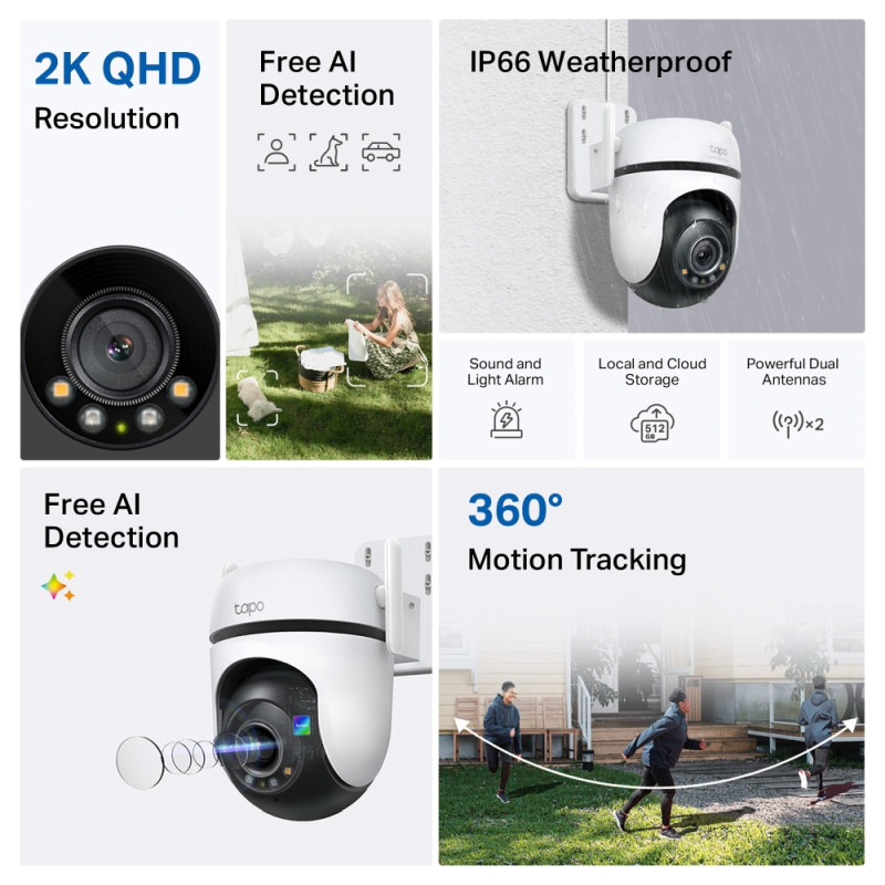 TP-Link Tapo C520WS kamera 2K QHD 4MP, H.264, 360° /130° Pan/Tilt, Starlight-Color Night Vision, microSD, dvosmjerni audio, detekcija pokreta, vodootporna IP66, Wi-Fi, Tapo app