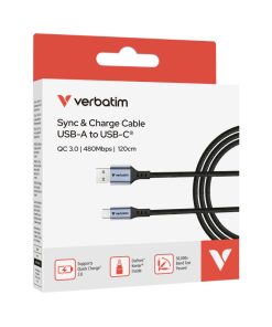 Verbatim Sync & Charge kabel USB-A na USB-C, M/M, 18W QC3.0, crni, 1.2m
