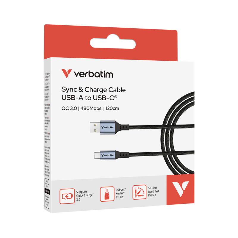 Verbatim Sync & Charge kabel USB-A na USB-C, M/M, 18W QC3.0, crni, 1.2m