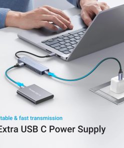 UGREEN 4-portni USB-C HUB 4xUSB-A 3.0 + USB-C power port, sivi