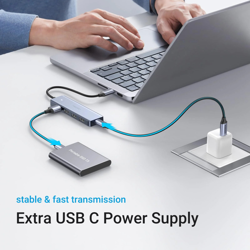 UGREEN 4-portni USB-C HUB 4xUSB-A 3.0 + USB-C power port, sivi