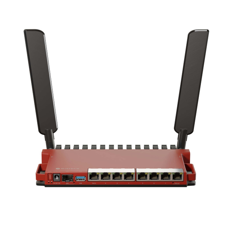 Mikrotik L009UiGS-2HaxD-IN, 800MHz CPU, 512MB RAM, 8×G-LAN, 1×2.5G SFP, 2.4 GHz 802.11b/g/n/ax dual-chain, 4dBi 2.4GHz eksterne antene, USB, desktop kućište, PSU, RouterOS L5
