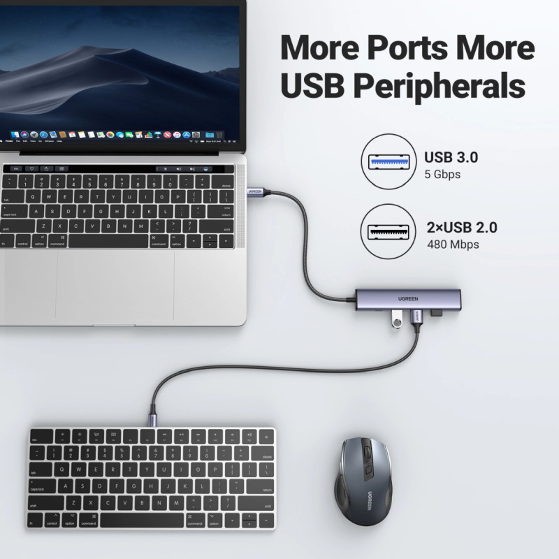UGREEN 5-portni Revodok 105 USB-C HUB, 3xUSB-A, 1xUSB-C 100W PD, 1xHDMI 4K 30Hz, sivi