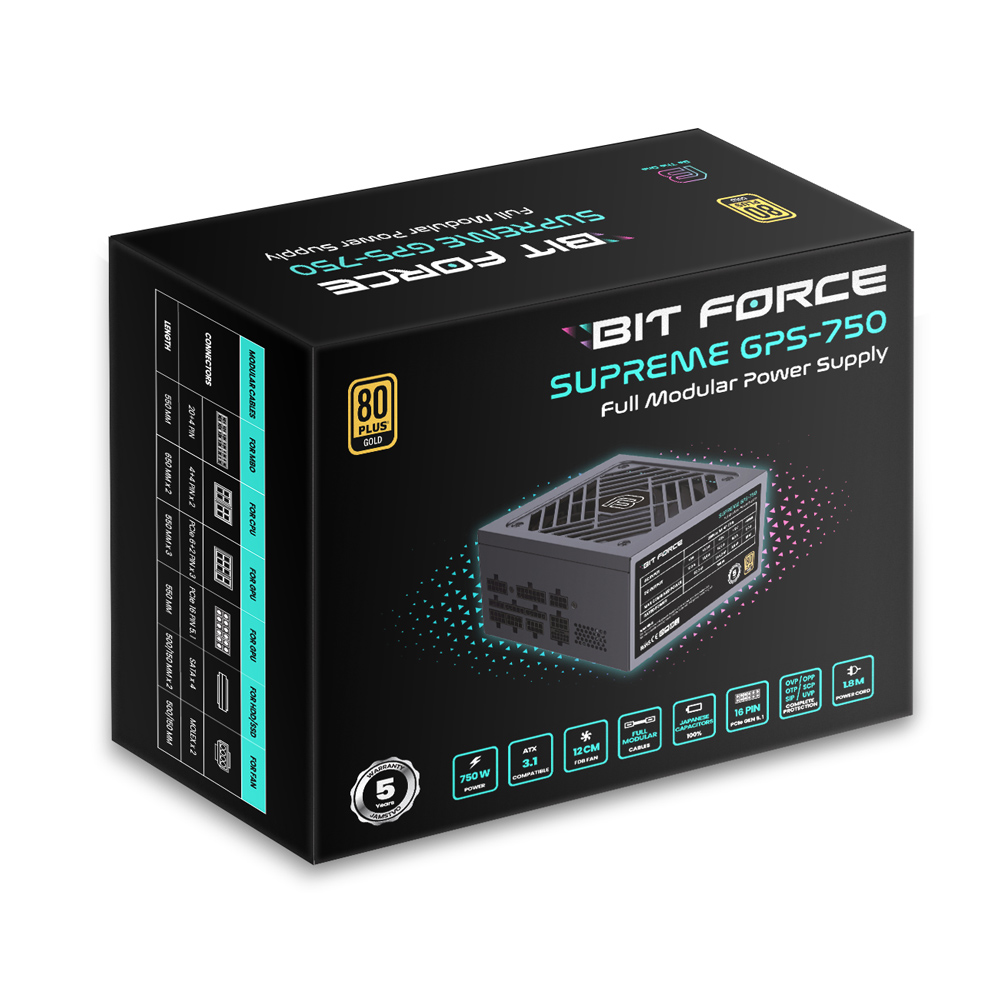BIT FORCE napajanje 750W 80+ GOLD SUPREME GPS-750, modularno, ATX 3.1, PCI-E 5.1, FDB