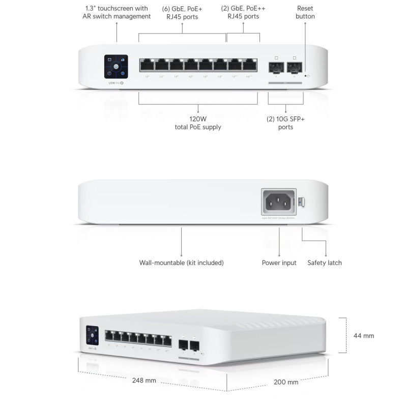 Ubiquiti UniFi Managed 8-port Gigabit Switch, 6xGbE PoE+, 2xGbE PoE++, 2x10G SFP+, 120W (USW-Pro-8-PoE)
