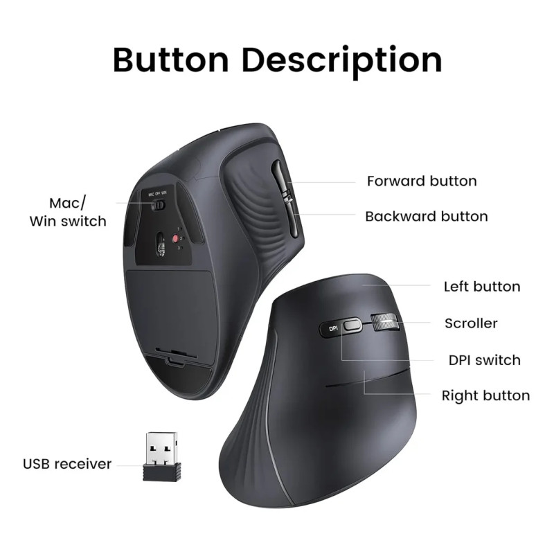 UGREEN bežični ergonomski vertikalni miš, bluetooth, 4000 DPI, USB, crni