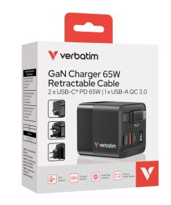 Verbatim GaN zidni punjač 65W, USB-C kabel na izvlačenje + 1×USB-A + 1×USB-C