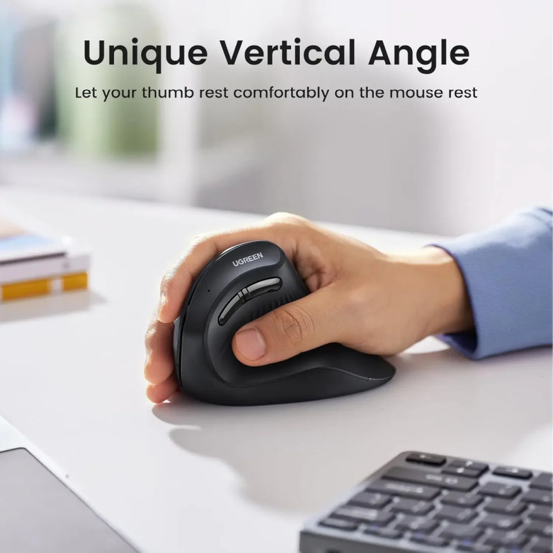 UGREEN bežični ergonomski vertikalni miš, bluetooth, 4000 DPI, USB, crni
