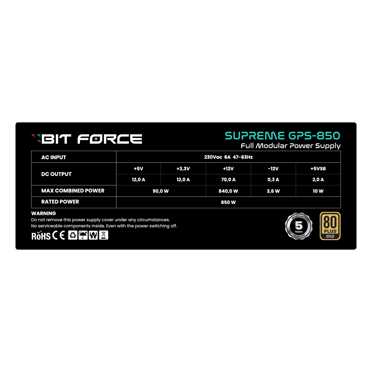 BIT FORCE napajanje 850W 80+ GOLD SUPREME GPS-850, modularno, ATX 3.1, PCI-E 5.1, FDB