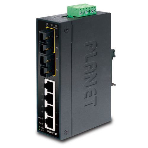Planet Industrial 6-Port (4x 100Mbps 2x SM FX(SC)-15km Switch (-40~75C), unmanaged