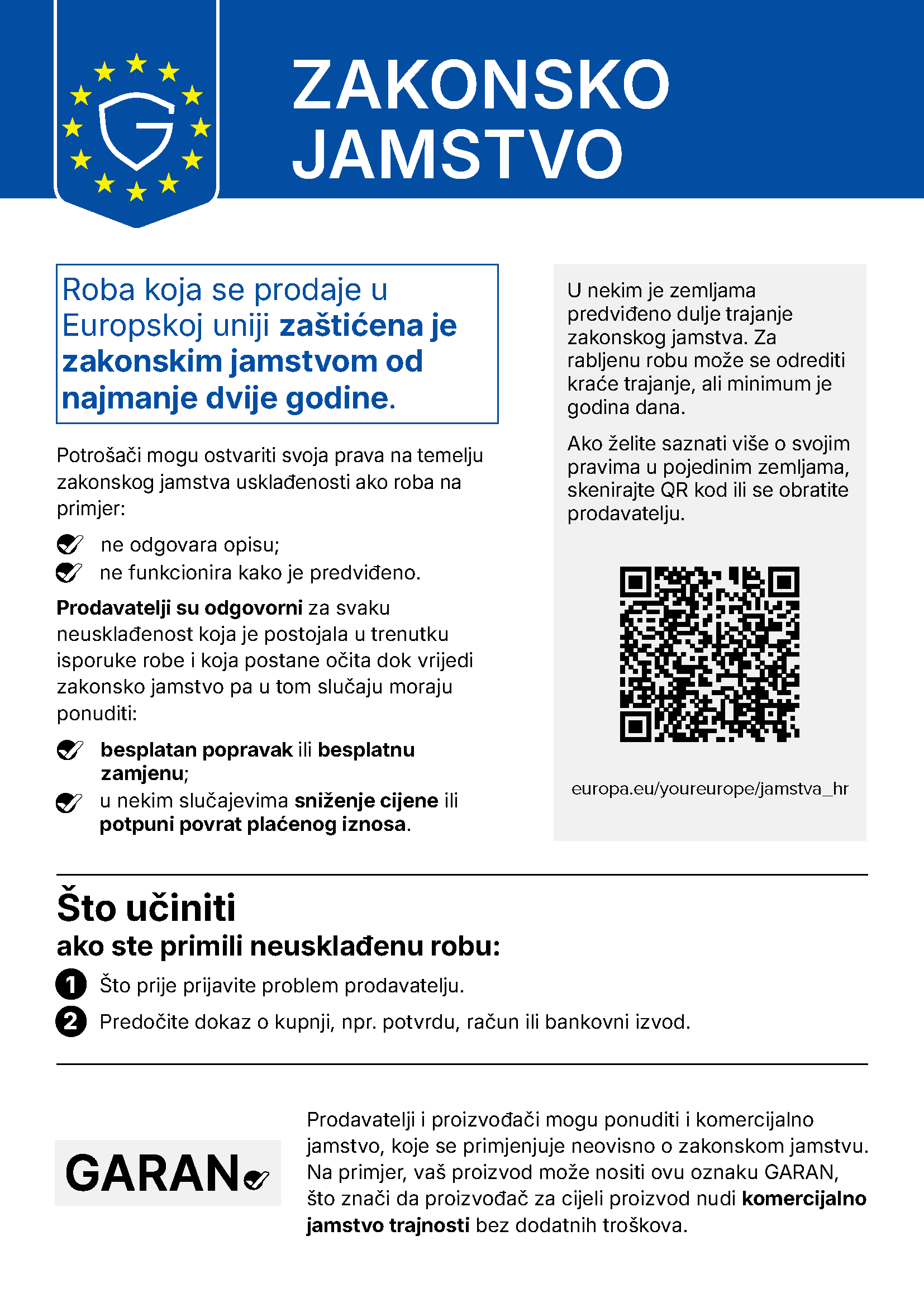 Službena hrvatska EU obavijest o zakonskom jamstvu sukladnosti robe. Otvorite izvornu sliku za povećanje.