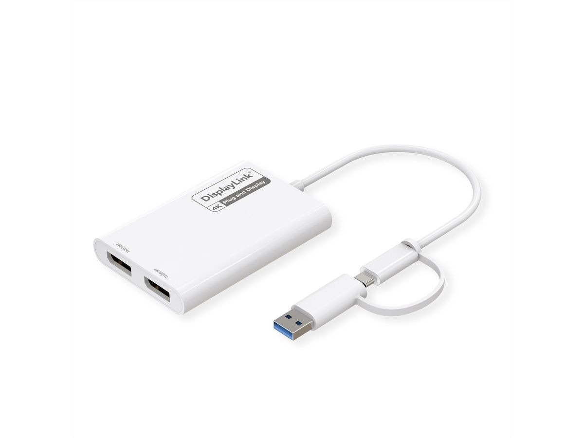 Roline USB Type A/C adapter, 2x DP, with DisplayLink, 4K60