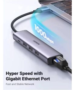 UGREEN USB HUB USB-A 3.0 na USB C, 3x USB A 3.0, RJ45, sivi