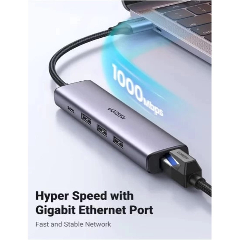 UGREEN USB HUB USB-A 3.0 na USB C, 3x USB A 3.0, RJ45, sivi