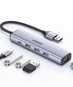 UGREEN USB HUB USB-A 3.0 na USB C, 3x USB A 3.0, RJ45, sivi