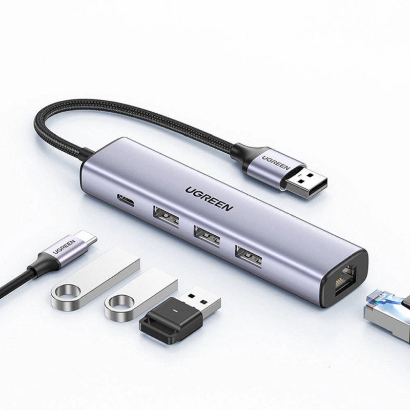 UGREEN USB HUB USB-A 3.0 na USB C, 3x USB A 3.0, RJ45, sivi