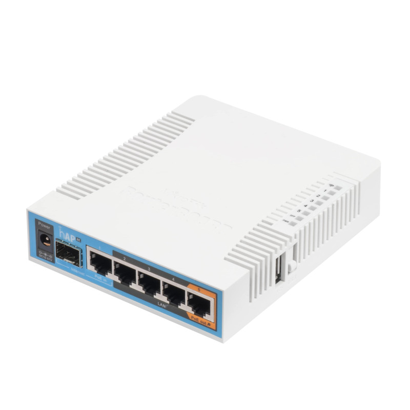 Mikrotik RB962UiGS-5HacT2HnT, hAP ac 720MHz CPU, 128MB RAM, 5×G-LAN, (2.4Ghz/5Ghz) 802.11b/g/n/ac, 3 chain, integrire antene, SFP, USB, plastično kućište, PSU, RouterOS L4