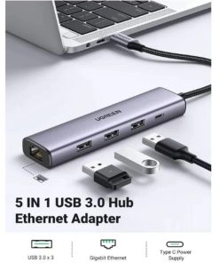 UGREEN USB HUB USB-A 3.0 na USB C, 3x USB A 3.0, RJ45, sivi