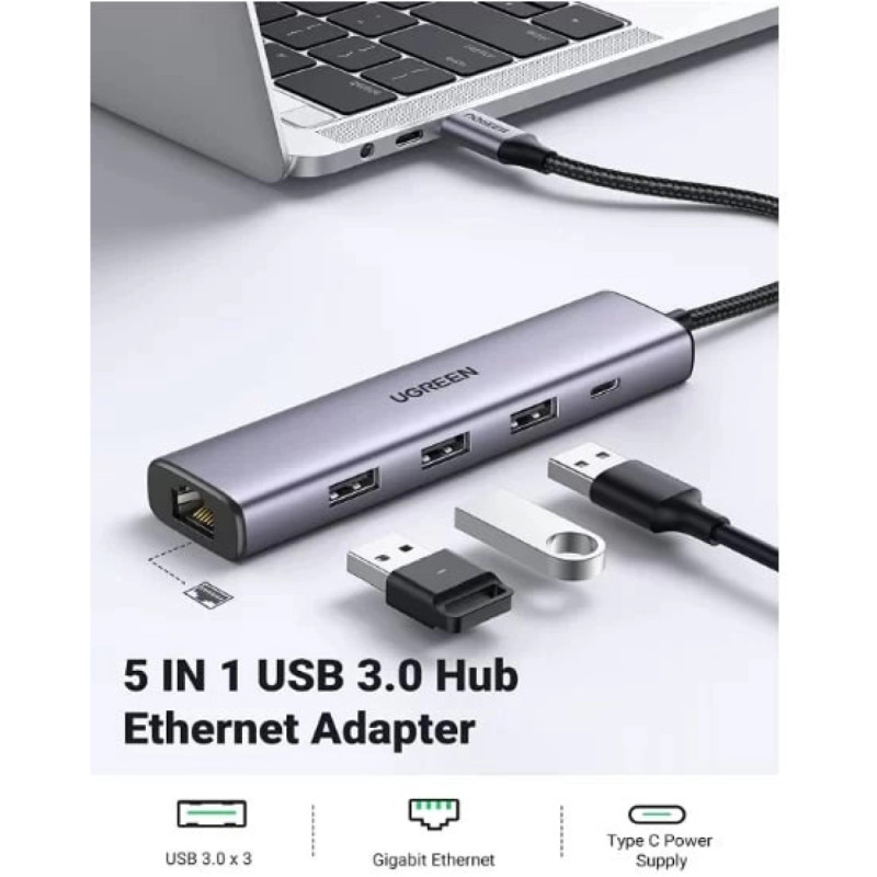 UGREEN USB HUB USB-A 3.0 na USB C, 3x USB A 3.0, RJ45, sivi